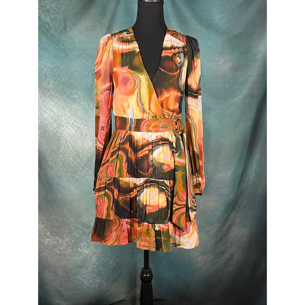 Marie Oliver XS Mila Marble Print Wrap Mini Dress Orange Green Long Sleeve New